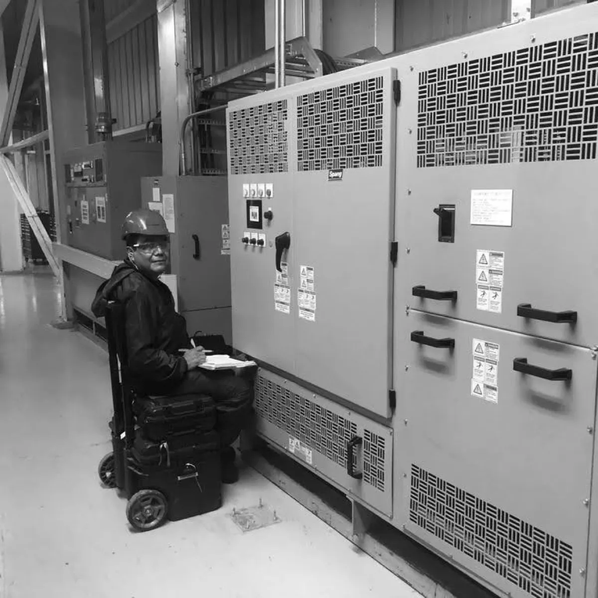 Gabinetes de rectificador instalados en la nave de una planta, con su tablero de control