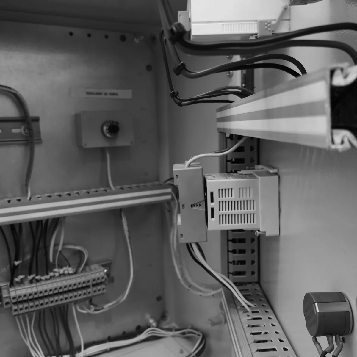 Borneras y canalización interior de un gabinete de control, ya cableadas